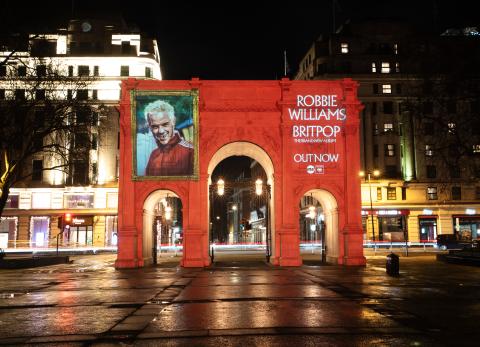 Robbie Williams 'BRITPOP' light projection at Marble Arch, London